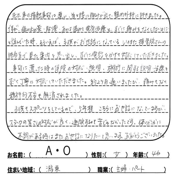 声用紙　A.O様　潟東　46歳女性　車の接触事故